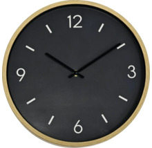 Runde Wanduhr mit Holzrahmen und schwarzem Zifferblatt mit Strichindizes sowie den Zahlen drei sechs neun und zwölf