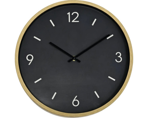 Runde Wanduhr mit Holzrahmen und schwarzem Zifferblatt mit Strichindizes sowie den Zahlen drei sechs neun und zwölf