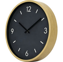 Runde Wanduhr mit Holzrahmen und schwarzem Zifferblatt mit arabischen Ziffern.
