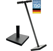Ein Stampfer aus Metall mit quadratischer Bodenplatte und T-förmigem Handgriff mit rutschfesten Griffen, Qualitätssiegel Deutsche Marke