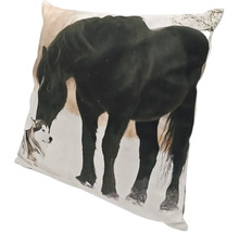 Coussin décoratif carré avec impression d un cheval et d un chien dans la neige.