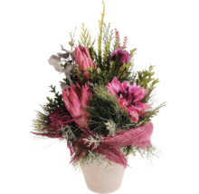 Bouquet de fleurs artificielles avec des protéas et des plantes vertes dans un pot de fleurs pour la décoration.