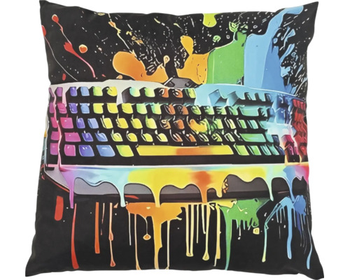 Coussin décoratif carré avec motif de clavier d ordinateur et éclaboussures de peinture