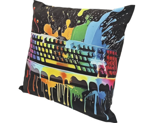 Coussin décoratif carré avec motif de clavier et éclaboussures de peinture