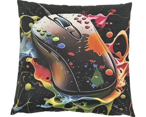 Coussin décoratif carré avec une impression de souris d ordinateur et des éclaboussures de peinture abstraites.