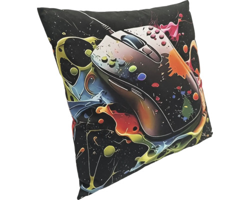 Quadratisches Zierkissen mit einem aufgedruckten Gaming Maus Motiv und abstrakten Farbspritzern auf einem dunklen Hintergrund.