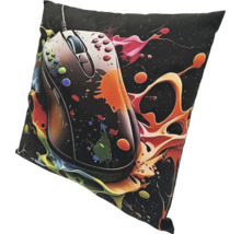 Quadratisches Zierkissen mit einem Druck einer Gaming Maus und abstrakten Farbspritzern auf einem dunklen Hintergrund