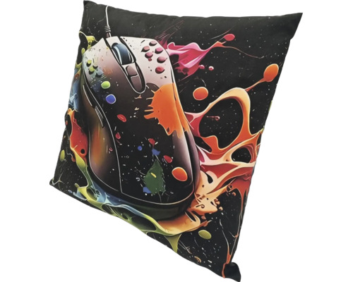 Quadratisches Zierkissen mit einem Druck einer Gaming Maus und abstrakten Farbspritzern auf einem dunklen Hintergrund