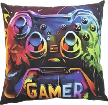 Coussin décoratif carré avec motif gamer et illustration de manette de jeu