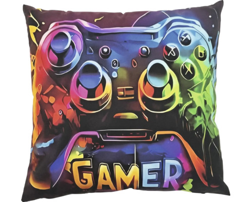 Coussin décoratif carré avec motif gamer et illustration de manette de jeu