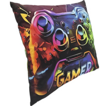 Coussin décoratif carré avec motif de manette de jeu imprimé et inscription Gamer