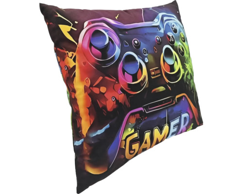 Coussin décoratif carré avec motif de manette de jeu imprimé et inscription Gamer