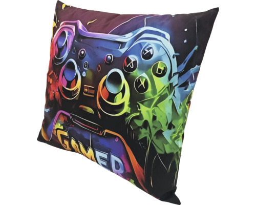 Coussin décoratif carré avec motif gamer et image de manette de jeu