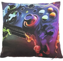 Coussin décoratif carré avec motif de manette de jeu imprimé pour le salon ou la chambre d enfant.