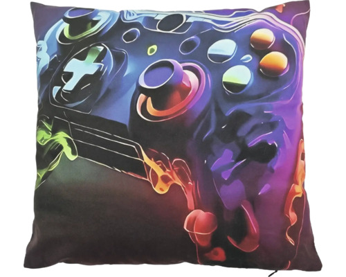 Coussin décoratif carré avec motif de manette de jeu imprimé pour le salon ou la chambre d enfant.