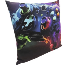 Coussin décoratif carré avec motif de manette de jeu pour chambres d enfants et espaces de jeu.
