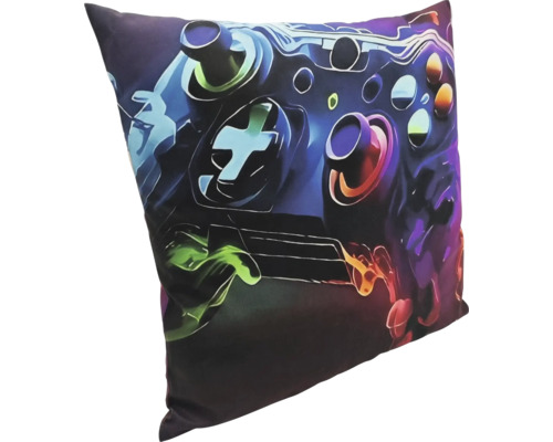 Coussin décoratif carré avec motif de manette de jeu pour chambres d enfants et espaces de jeu.