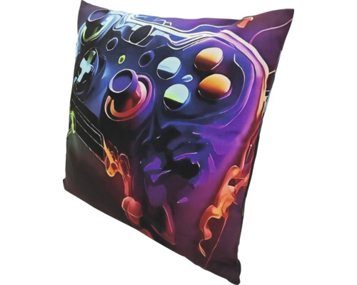 Coussin décoratif carré avec un motif de manette de jeu au style abstrait.