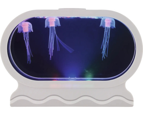 Dekorative Qualle Aquarium LED Leuchte mit drei künstlichen Quallen in einem ovalen Gehäuse zur stimmungsvollen Beleuchtung.