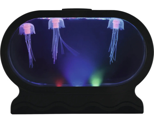 Dekorative Quallenlampe mit drei künstlichen Quallen in einem ovalen Gehäuse und wechselnder LED Beleuchtung.