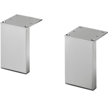 Zwei quadratische Moebelfuesse aus Metall mit Montageplatte zur Befestigung unter Moebelstuecken.