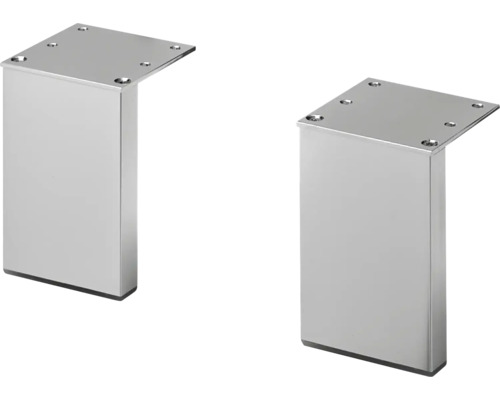 Zwei quadratische Moebelfuesse aus Metall mit Montageplatte zur Befestigung unter Moebelstuecken.
