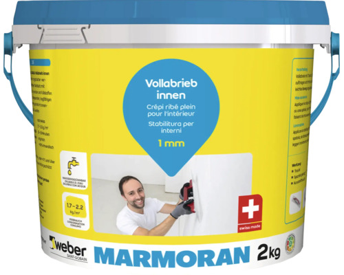 Seau de crepi ribe interieur Weber Marmoran de 2 kilogrammes pour la finition structuree des murs interieurs.