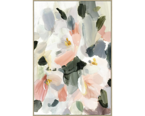 Abstraktes Wandbild mit blumenartiger Malerei in einem Holzrahmen.
