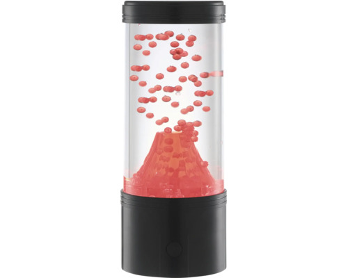 Lampe lave volcan dans un boîtier en verre cylindrique avec élément décoratif en forme de volcan et bulles ascendantes pour éclairage