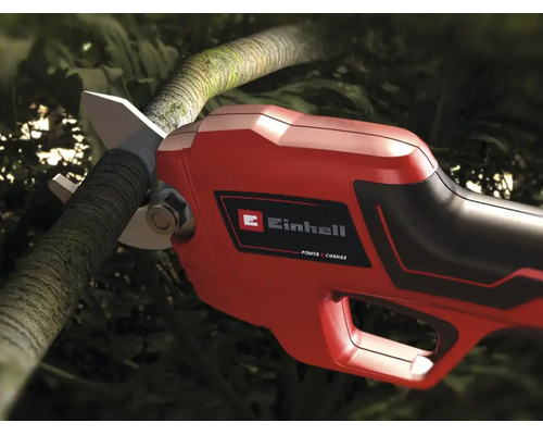 Einhell Akku Astschere beim Schneiden eines Baumzweiges.