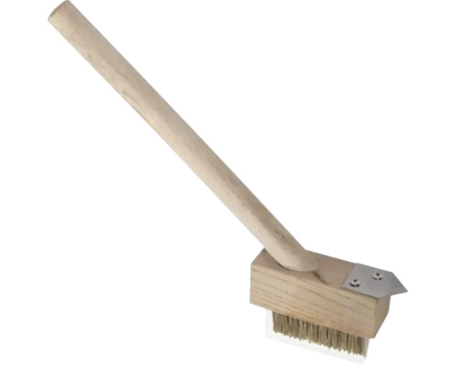 Brosse à joints avec manche en bois et grattoir métallique pour le nettoyage des pavés