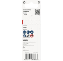 Rückseite der Verpackung eines Bosch Expert Zubehörteils mit Sicherheitshinweisen, Carbide Kennzeichnung und Bosch Logo.