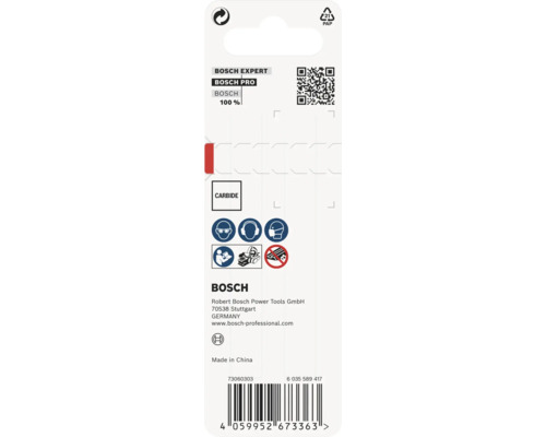 Rückseite der Verpackung eines Bosch Expert Zubehörteils mit Sicherheitshinweisen, Carbide Kennzeichnung und Bosch Logo.