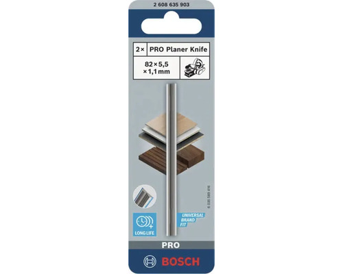 Set mit 2 Bosch PRO Hobelmessern 82 x 5,5 x 1,1 Millimeter für Elektrohobel auf Blisterkarte