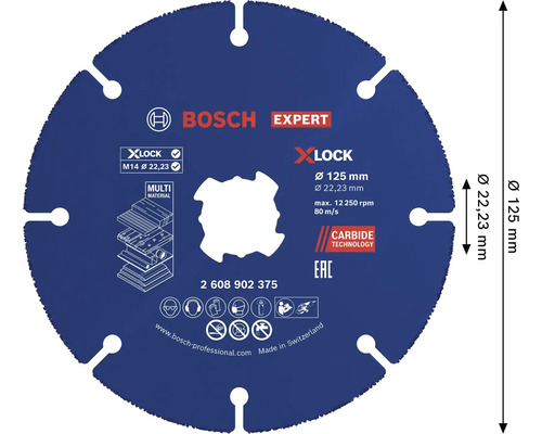 Disque à tronçonner Bosch Expert Carbide Multi Material pour meuleuse d'angle avec fixation X-Lock, diamètre 125 millimètres.