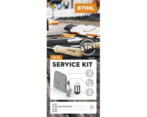 Kit d entretien Stihl numéro 24 avec filtre à air, bougie et filtre à carburant pour divers appareils Stihl comme les débroussailleuses.