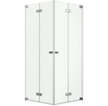 Cabine de douche d angle en verre véritable avec deux portes pivotantes et ferrures métalliques