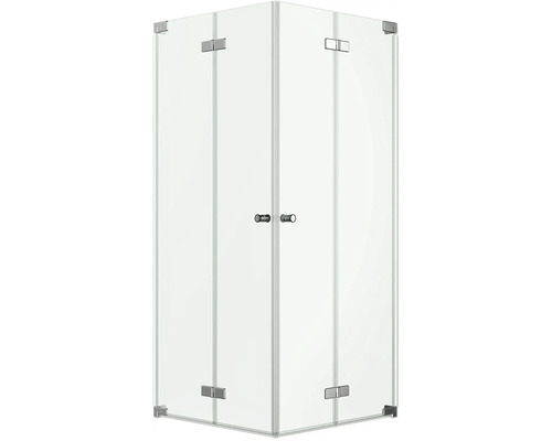 Cabine de douche d angle en verre véritable avec deux portes pivotantes et ferrures métalliques