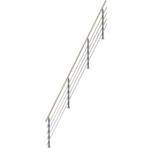 Rampe d escalier avec main courante en bois et poteaux en acier verticaux avec plusieurs barres horizontales pour interieur