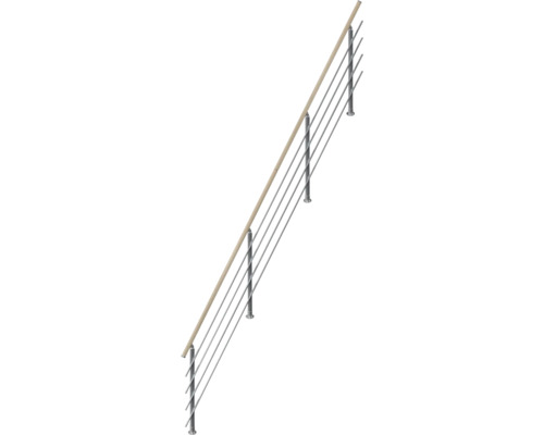 Rampe d escalier avec main courante en bois et poteaux en acier verticaux avec plusieurs barres horizontales pour interieur