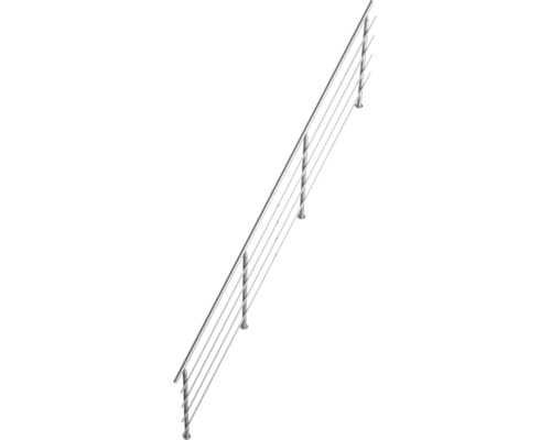 Edelstahl Geländer für Treppen mit vertikalen Pfosten und horizontalen Stäben als Absturzsicherung.