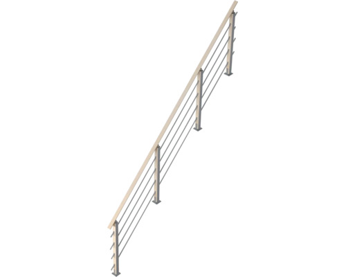 Ein schräges Treppengeländer mit einem Handlauf aus Holz und senkrechten Pfosten sowie horizontalen Stäben aus Metall.