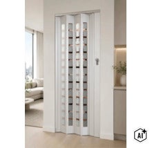 Porte pliante en plastique blanc avec inserts en verre installée dans un salon moderne. (Image AI modified or generated)