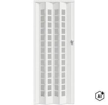 Porte pliante en plastique blanc avec inserts en verre et poignée pour une séparation peu encombrante (Image AI modified or generated)