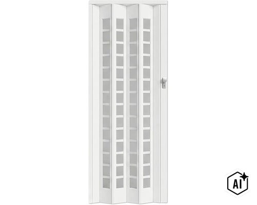 Porte pliante en plastique blanc avec inserts en verre et poignée pour une séparation peu encombrante (Image AI modified or generated)