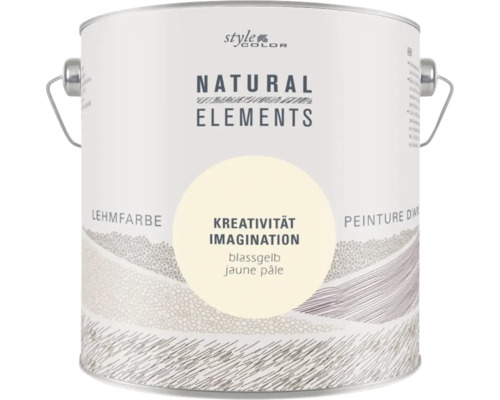 Un pot de peinture argileuse Style Color Natural Elements en jaune pâle avec la désignation créativité.