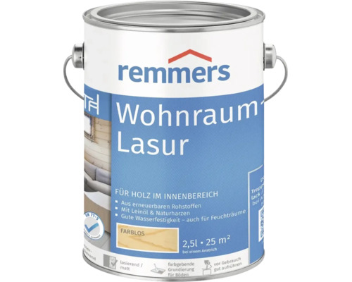 Un pot de lasure pour intérieur Remmers d'une contenance de 2,5 litres, incolore et mat.