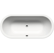 Baignoire ovale sur pieds avec évacuation centrale et trop-plein, vue de dessus.