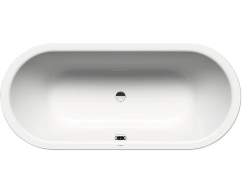 Baignoire ovale sur pieds avec évacuation centrale et trop-plein, vue de dessus.