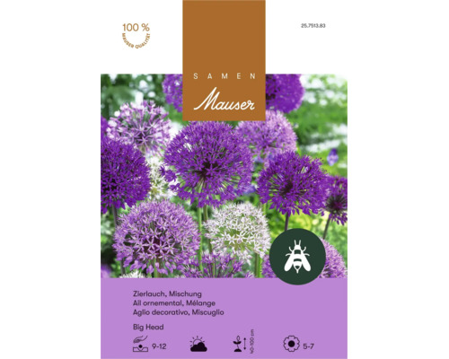 Sachet de graines pour mélange d ail ornemental Big Head de Mauser avec symbole pour la protection des abeilles